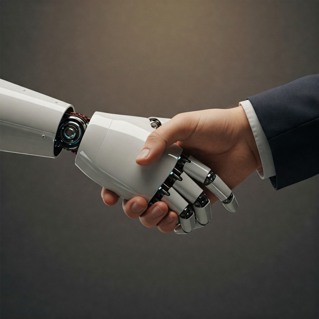 Robot and human hand shaking, representing politeness and respect towards AI