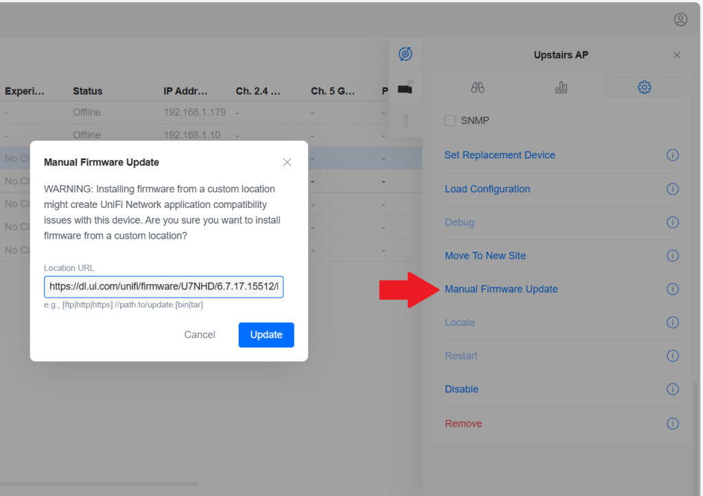 Screenshot of the Manual Firmware Update section in the UniFi Controller, showing where to paste the downgrade URL.