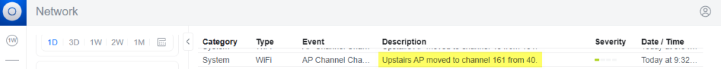 UniFi event log showing multiple "AP Channel Change" alerts after the 6.7.31 firmware update. Upstairs AP moved to channel 161 from 40