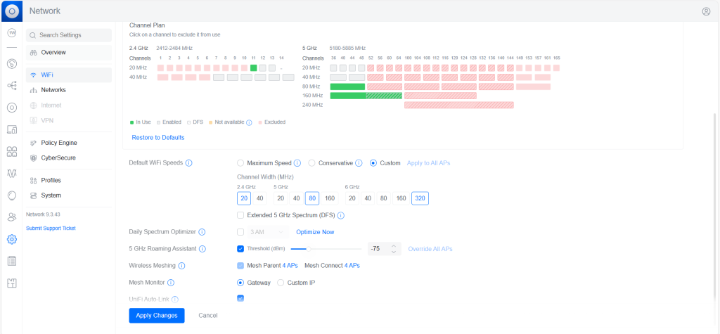 UniFi settings completely restricted for channel plan - still issues. Upstairs AP moved to channel 161 from 40