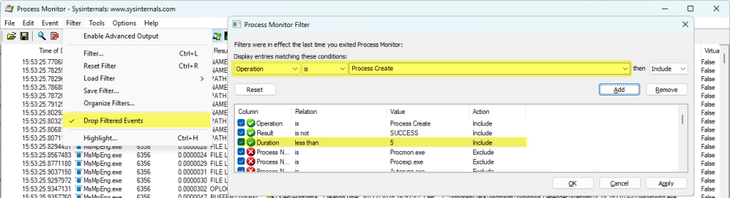 ProcMon Filter Operation is Process Create