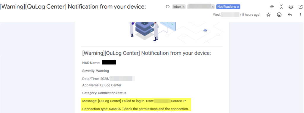 Screenshot of the QNAP QuLog Center email notification