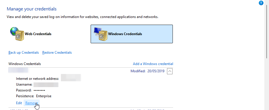 Screenshot of the Windows Credential Manager 'Remove' link