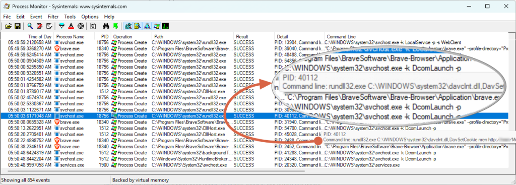 Screenshot of the final procmon log showing the repeating 'davclnt.dll' process